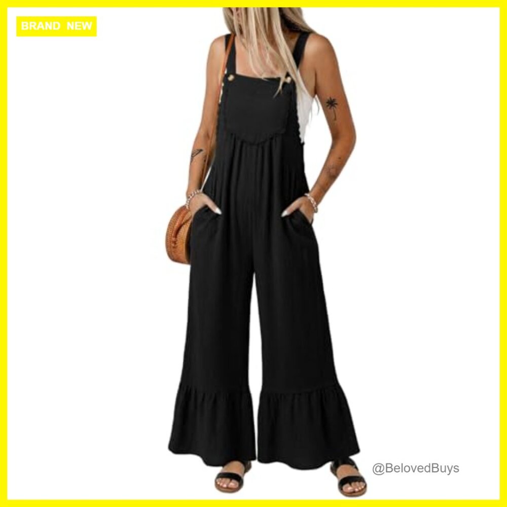Lace Overalls Jumpsuit Wide Leg Ruffle Pants Pockets Summer Casual - Picture 2 of 4